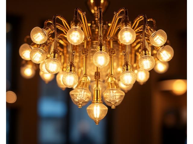 ジンザブルームの華やかなアールデコ様式の照明器具。金色に輝く幾何学的なデザインが特徴。